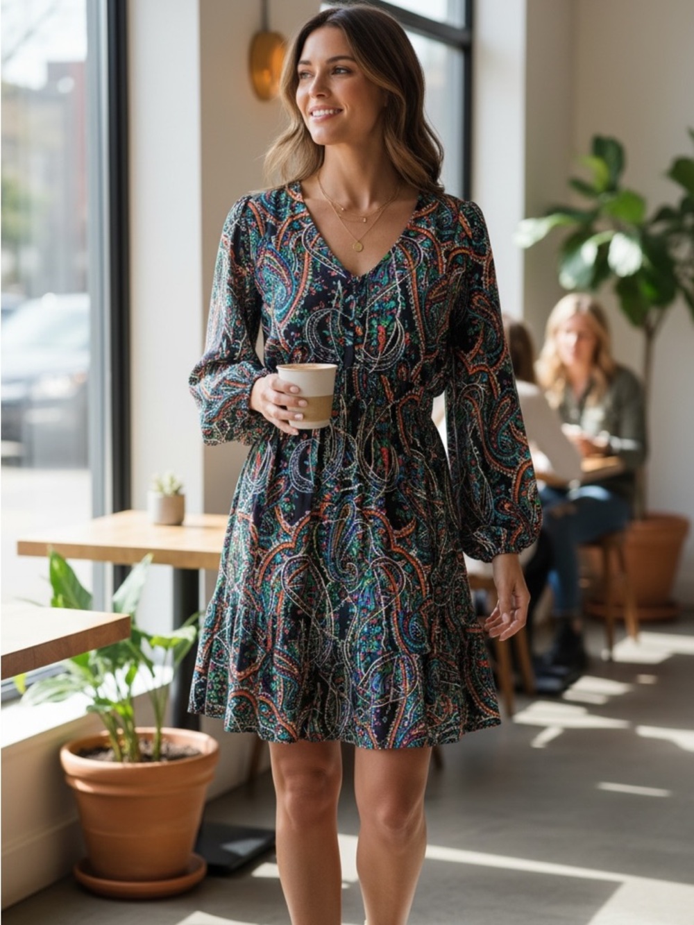 Anthropologie Maeve Paisley Boho Dress L Flowy Peasant V-Neck Long Sleeve